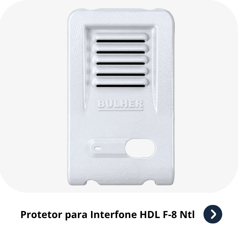 Protetor compatível para interfone HDL F-8 Plus, fabricado pela Bulher em alumínio automotivo super resistente, ideal para proteção contra impactos e vandalismo em sistemas de segurança.