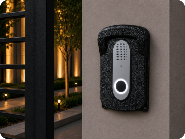 Protetor compatível para interfone e vídeo porteiro Protection, fabricado pela Bulher em alumínio automotivo resistente, ideal para proteção contra impactos e vandalismo em sistemas de segurança.