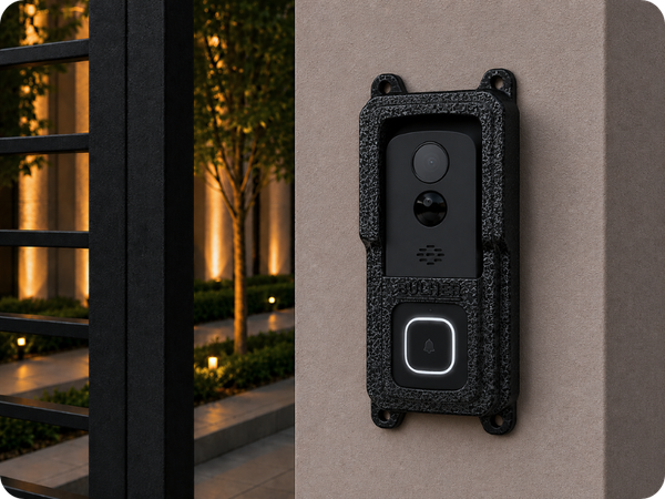 Protetor compatível Vídeo Porteiro W5/ AGL VP7 Wifi Hello+ Intelbras, fabricado pela Bulher em alumínio automotivo resistente, ideal para proteção contra impactos e vandalismo em sistemas de segurança.