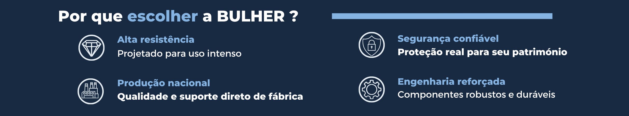 Conheça os diferenciais da Bulher: alta resistência, engenharia reforçada, produção nacional e segurança confiável para proteção do seu patrimônio.
