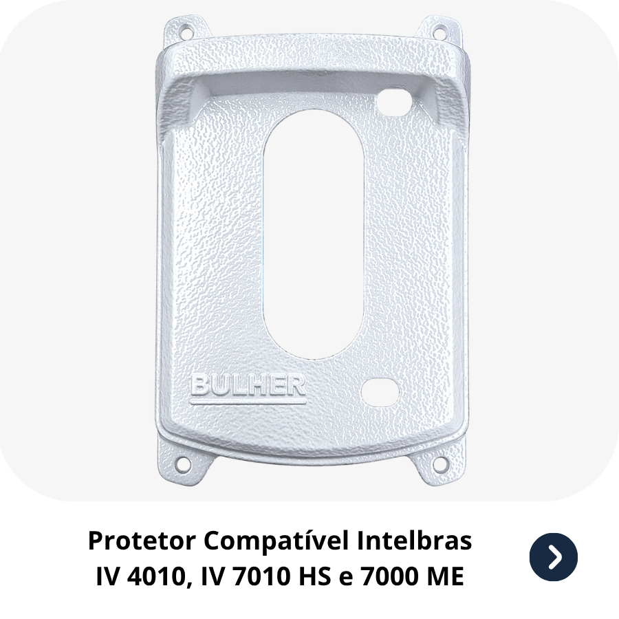 Protetor compatível para interfone e vídeo Intelbras IV 4010, IV 7010 HS e 7000 ME, fabricado pela Bulher em alumínio automotivo super resistente, ideal para proteção contra impactos e vandalismo em sistemas de segurança.